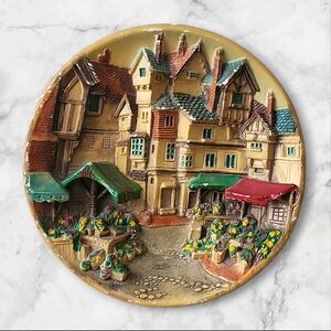 Vtg 3d Chalkware Village Scene Decorative Plate by Character Creations